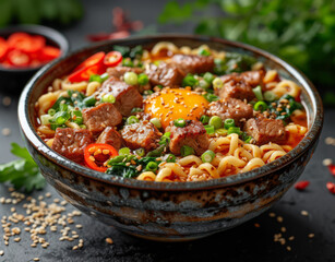 Asian noodles with minced meat vegetables and sesame seeds in bowl on dark background