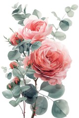 A painting of two pink roses with green leaves. Perfect for floral designs and nature-themed projects