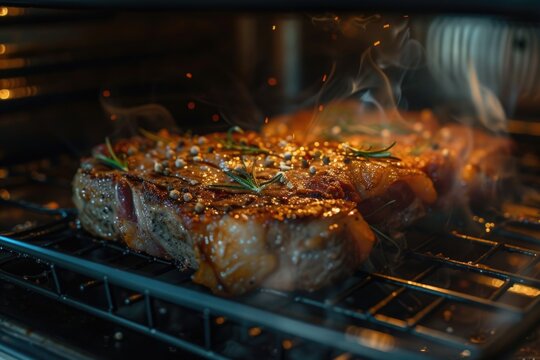 A piece of meat cooking in an oven. Perfect for food enthusiasts and recipe websites