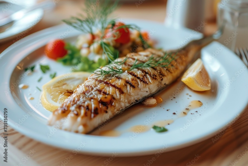 Poster a white plate topped with a fish covered in sauce. ideal for food-related projects and restaurant me