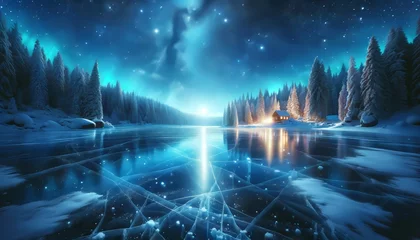 Crédence de cuisine en verre imprimé Aurores boréales Glistening Haven- Frozen Lake under Starry Sky