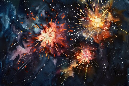 A vibrant painting capturing the beauty of fireworks lighting up the night sky. Perfect for adding a festive touch to any project or celebration
