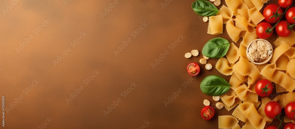 Poster traditional italian pasta with tomato basil and parmesan top view image with a copy space. creative 