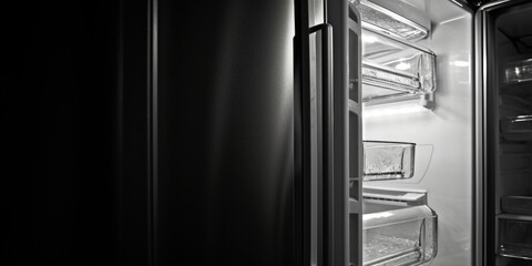 A black and white photo of an open refrigerator. Suitable for illustrating food storage, kitchen appliances, and home organization