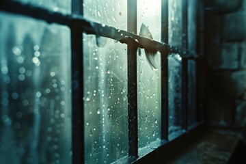 Raindrops glistening on a window surface. Suitable for weather-related themes and concepts