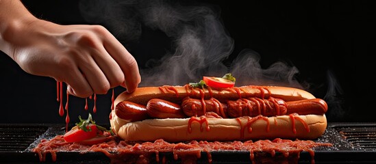 Person making grilled hot dog with ketchup Gesture of person pouring ketchup on top of hot dog. Creative Banner. Copyspace image - obrazy, fototapety, plakaty