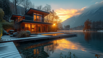 Fototapeta premium Super modern luxury villa with lake and flowers blowing, spring season, sunlight, relaxing image, plants, modern house in the nature, perfect place for living, eco house