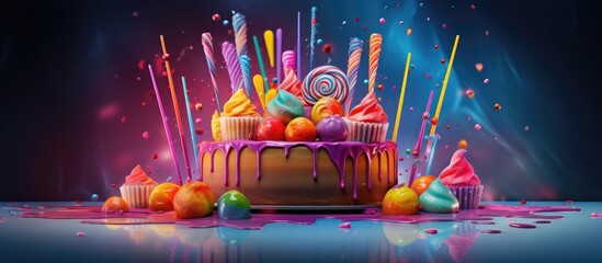 Neon green and pink drip happy birthday cake by Katherine Sabbath topped with assorted rainbow coloured lollipop swirls and candy shards. Creative Banner. Copyspace image