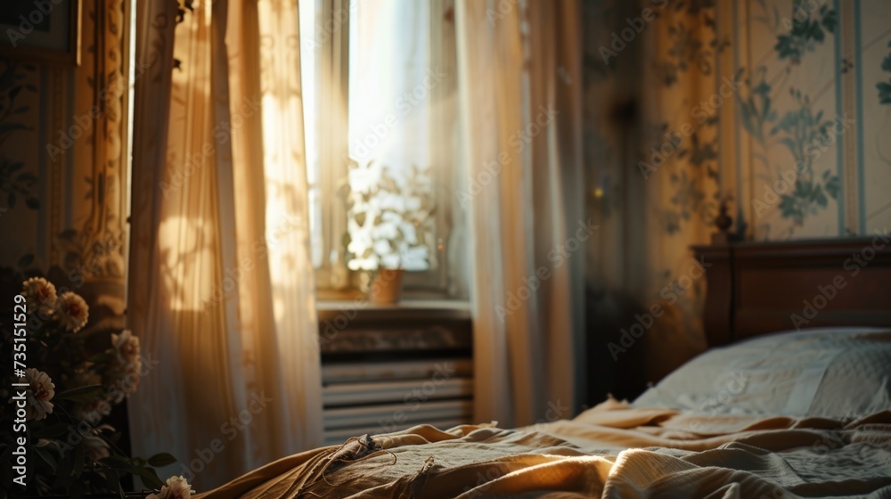 Poster a simple bedroom with a comfortable bed and a window providing natural light. suitable for various i