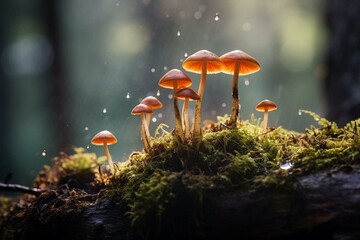 A group of fungi on moss with a hazy backdrop. Generative AI