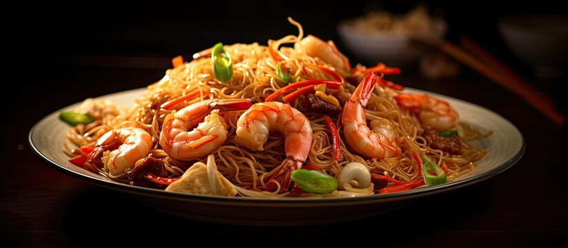 Pancit Canton it is a type of Lo Mein or tossed noodles known as flour sticks This dish is often served during birthdays and special occasions to symbolize long life. Creative Banner. Copyspace image