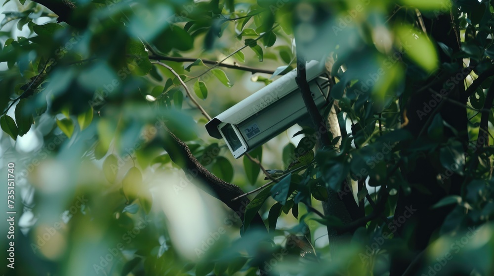 Poster a surveillance camera positioned on top of a tree, providing a discreet and effective way to monitor