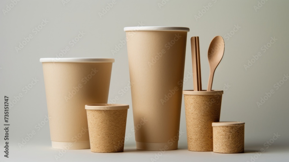 Poster a collection of cups and spoons sitting together. suitable for various kitchen and dining themes