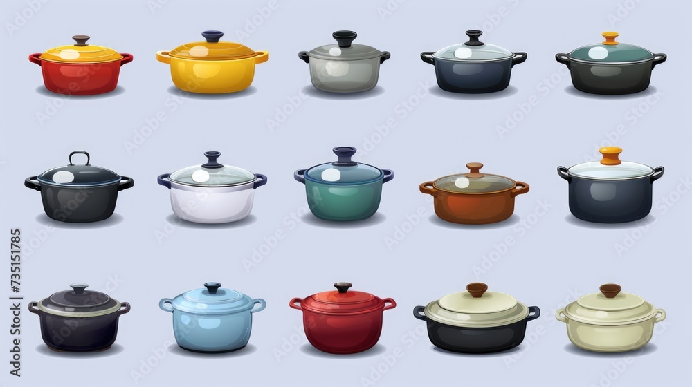 Poster a collection of various pots and pans in different vibrant colors. ideal for use in kitchens or cook