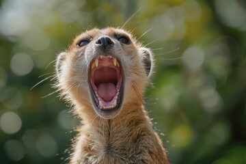 A close up view of a meerkat with its mouth open. This image can be used to depict curiosity, alertness, or communication in the animal kingdom - Powered by Adobe