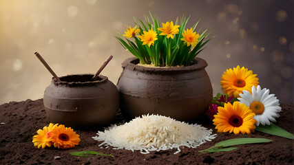 Happy Pongal Celebration Background With Traditional Dish Rice In Mud Pot and flowers. Pongal Harvest Festival India celebrated by Tamil, Cultural Festival