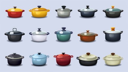 A collection of various pots and pans in different vibrant colors. Ideal for use in kitchens or cooking-related projects