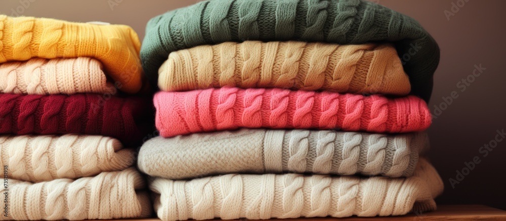 Poster stack of cozy knitted sweaters in wicker basket. creative banner. copyspace image