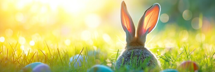 A funny Easter bunny with long ears sitting in the grass