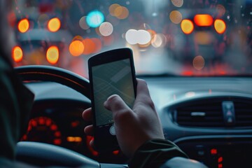 A person holding a smart phone while inside a car. Can be used to depict distracted driving or using technology while driving