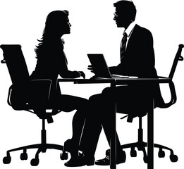 Silhouette office employees discussing at work desk black color only
