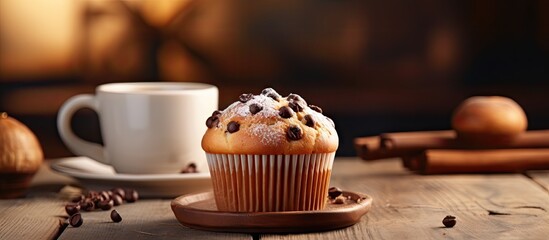 Selwctive focus chocolate muffin with choco chip served with a cup of tea. Creative Banner. Copyspace image