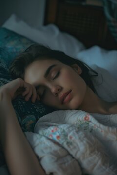 A woman peacefully laying in bed with her eyes closed. This image can be used to depict relaxation, sleep, or a peaceful morning routine