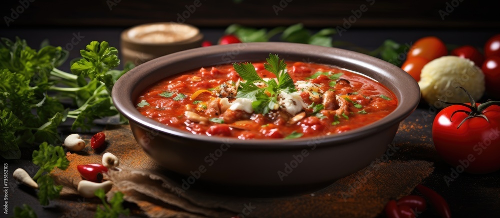 Poster Soup with vegetables and red lentils Vegan soup with beans and tomatoes. Creative Banner. Copyspace image