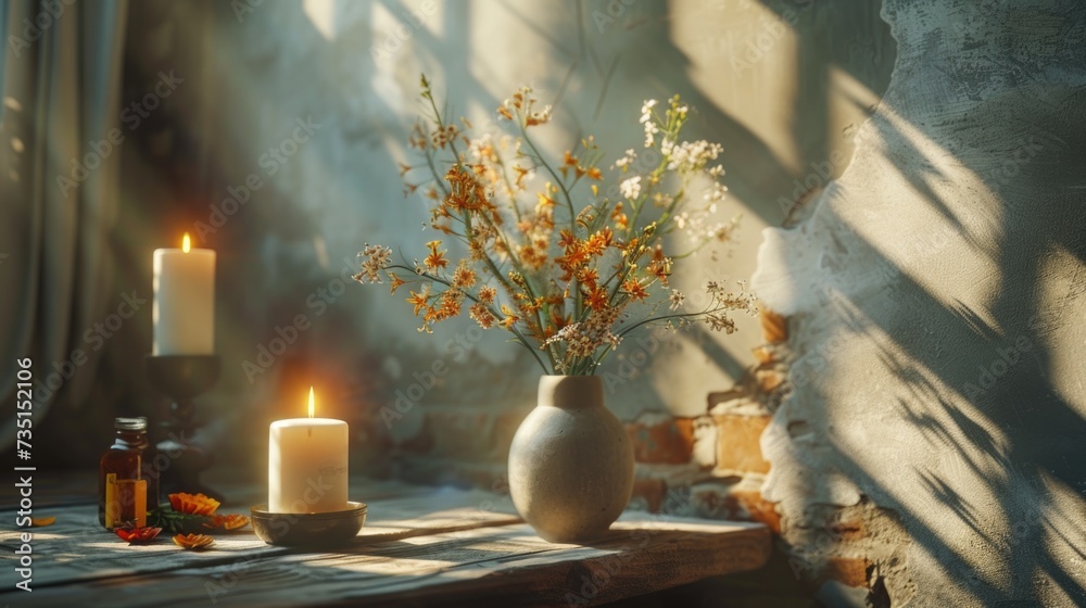 Poster A beautiful arrangement of flowers and candles displayed in a vase on a table. Perfect for adding a touch of elegance and warmth to any room