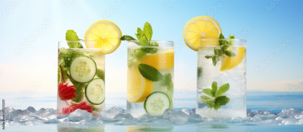 Aufkleber summer refreshing drinks lemon cucumber mint infused water selective focus space for text. creative 