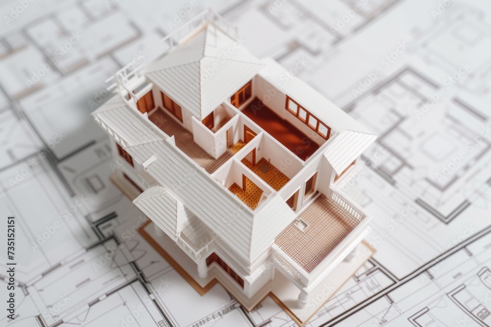 Poster A model of a house sitting on top of a blueprint. Perfect for architectural projects or real estate presentations