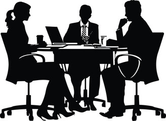 Silhouette office employees discussing at work desk black color only