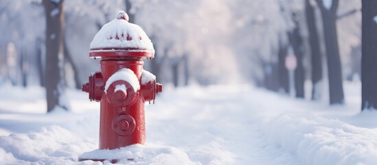 Vibrant fire hydrant in a layer of dirty snow Reminder of the importance of maintaining clear access to fire hydrants during the winter months. Creative Banner. Copyspace image