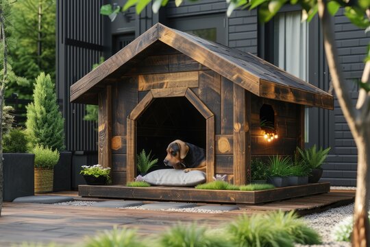 Dog house on wooden eco style. Generative AI