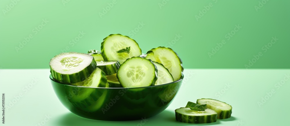 Poster sliced fresh green cucumber in the bowl top view. creative banner. copyspace image