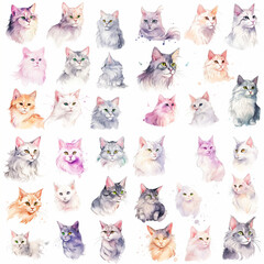 clipart set evenly spaced white background digital , seamless pattern with cats