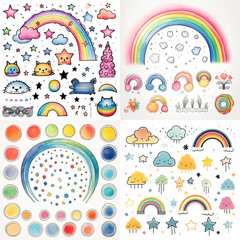 Fototapeta premium clipart set evenly spaced white background digital, illustration of a rainbow and clouds