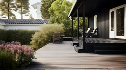 house and deck in black heartwood, luxury garden