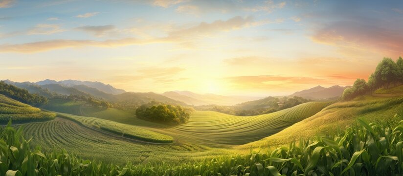 Sunset over the country hillside overlooking corn maze. Creative Banner. Copyspace image
