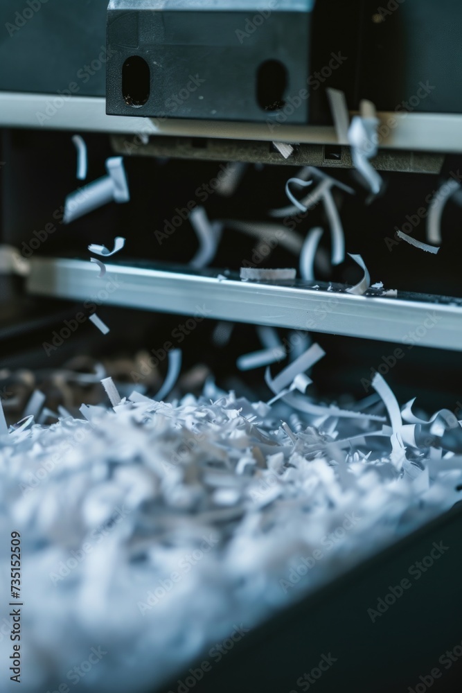 Poster A machine cutting shredded paper into pieces. Suitable for use in offices and document destruction services