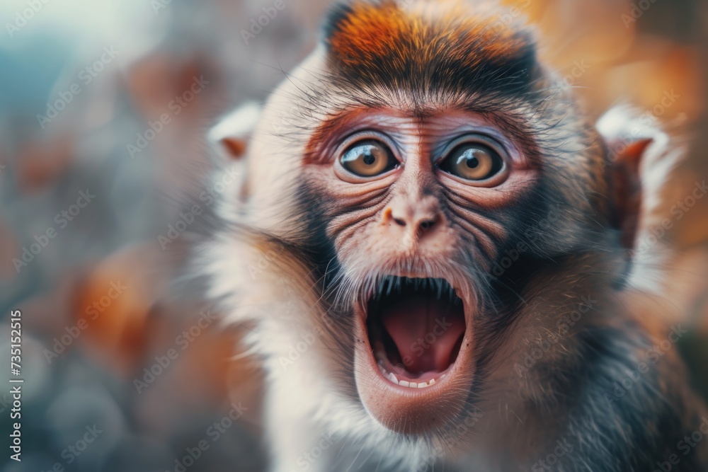 Poster a close up photograph of a monkey with its mouth wide open. this image can be used to depict curiosi