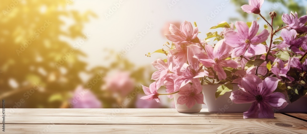 Leinwandbilder natural summertime cooking template fresh green leaves and violet flowers of clematis over an empty 