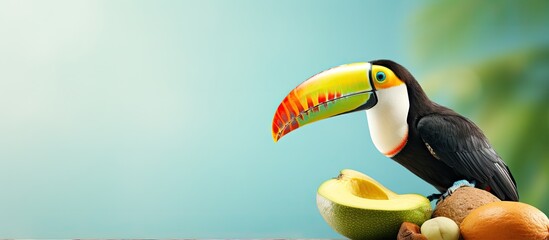 Toucan enjoying an avocado in the backyard. Creative Banner. Copyspace image