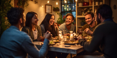 Happy Friends Enjoying a Fun Dinner Party, Smiling and Laughing Together at a Table, Eating Delicious Food and Drinking Wine