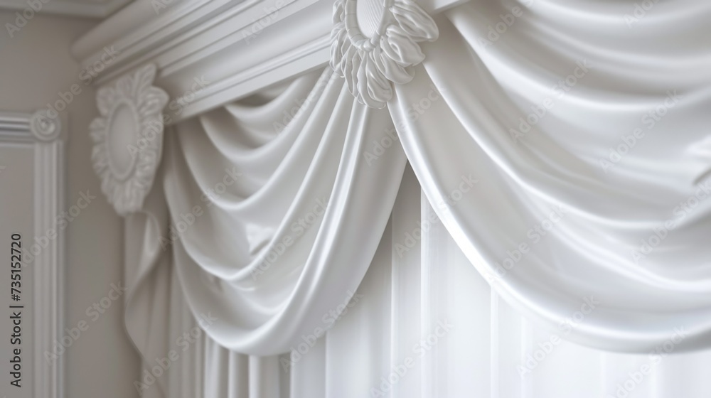 Poster A detailed close-up view of a curtain hanging on a wall. This image can be used to add texture and interest to interior design projects or to create a cozy atmosphere in home decor advertisements
