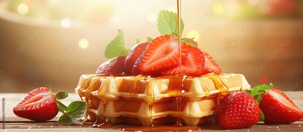 Poster preparation of delicious and nutritious waffles with honey strawberries and orange juice. creative b