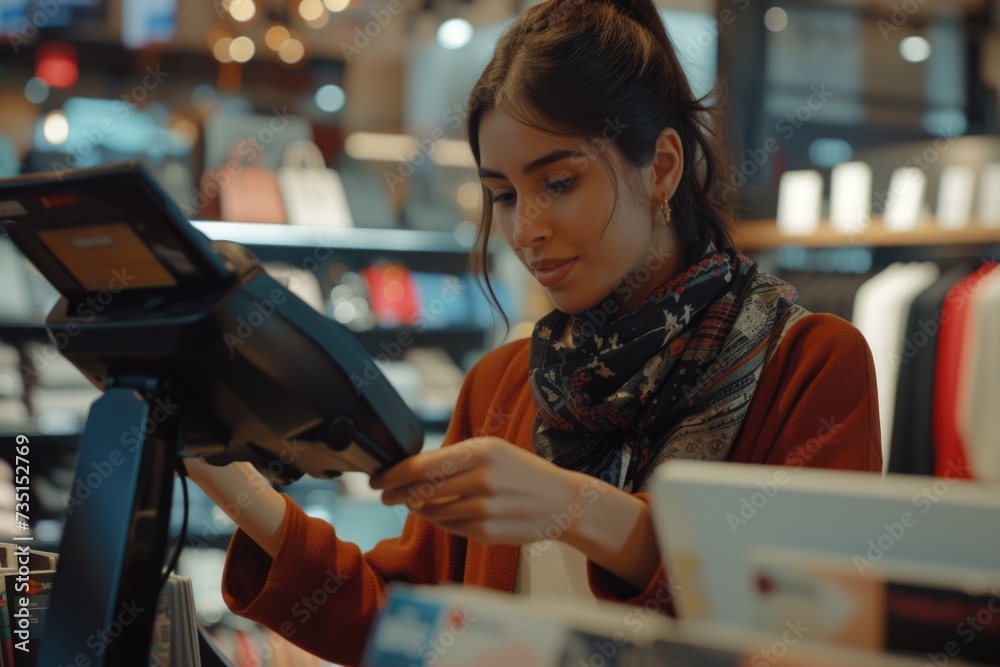 Poster A woman is using a credit card machine. This image can be used to illustrate online shopping, payment transactions, or financial transactions