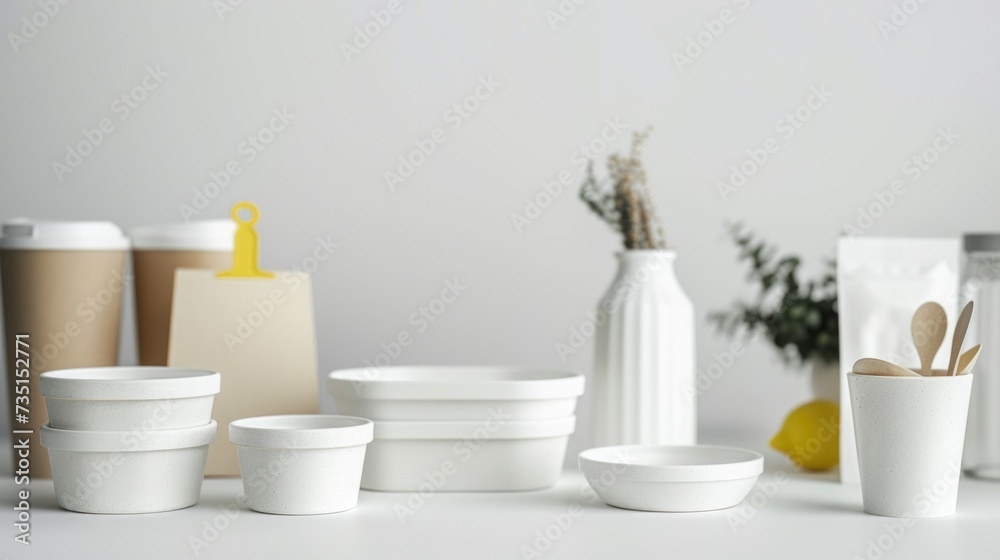 Poster a simple yet elegant white table with a collection of bowls and cups. perfect for showcasing food, h
