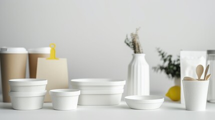 Fototapeta na wymiar A simple yet elegant white table with a collection of bowls and cups. Perfect for showcasing food, hosting a tea party, or setting up a buffet.