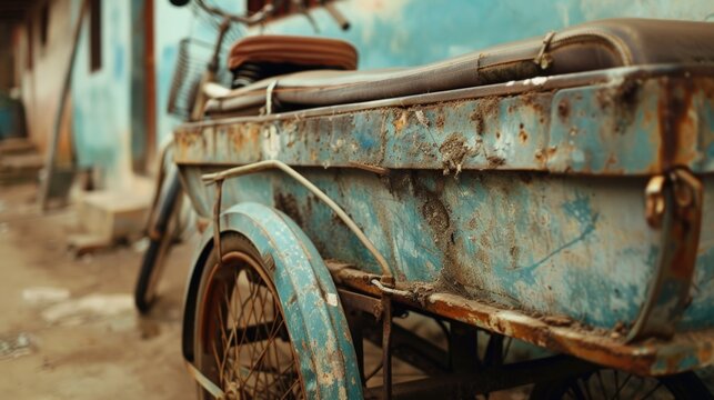 An image of an old bike with a cart attached to it. This versatile picture can be used in various contexts